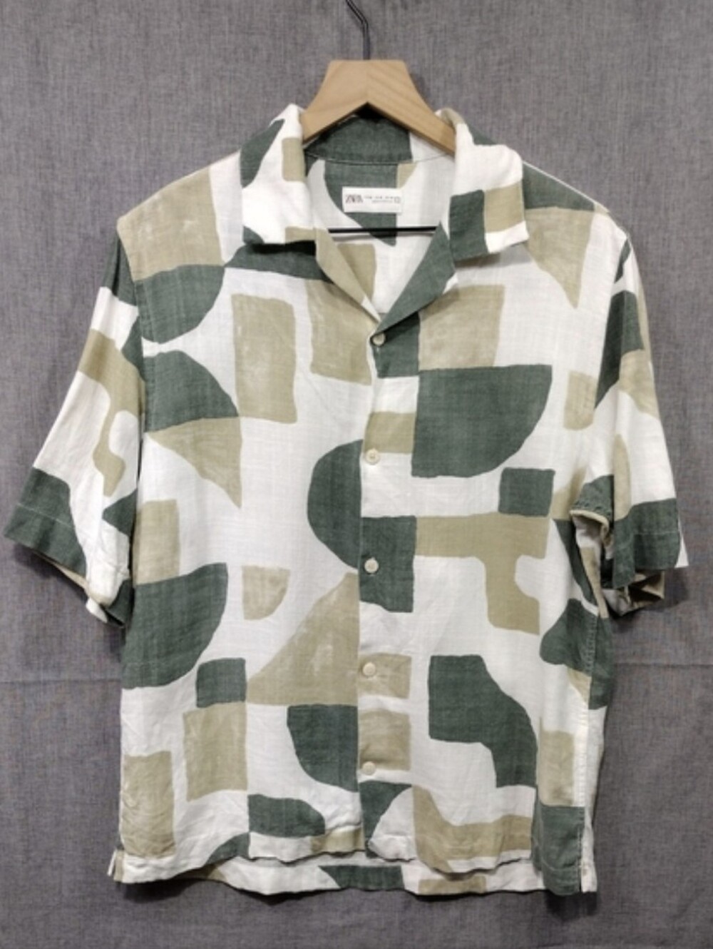 Zara Linen Olive & White Short Sleeve Button-Down Shirt Mens M Boho Retro 90s - Picture 2 of 10